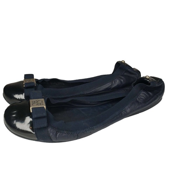 Carolina Herrera Ballet Flats Shoes Blue Leather Womens Size 8 Black Cap Toe